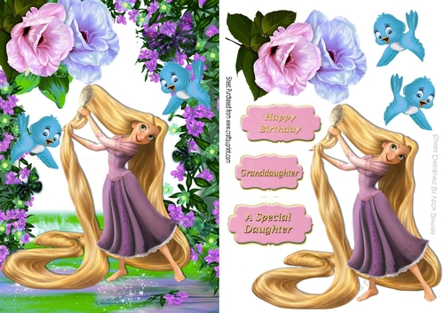 Wow! look at her beautiful long blond hair with blue birds