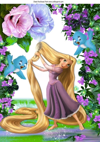 Wow! look at her beautiful long blond hair with blue birds A4