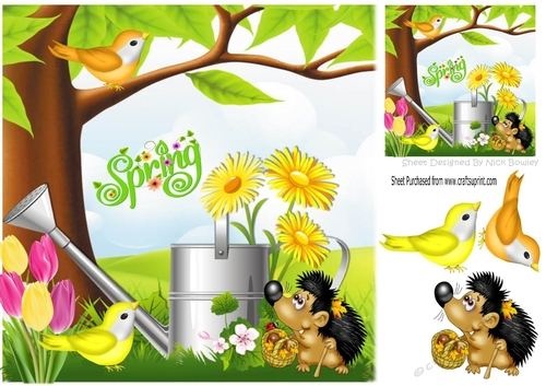 spring is here! with watering can, flowers,& wildlife 8x8