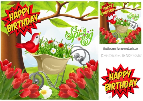 spring is here! with flower wheel barrow and red tulips, 8x8
