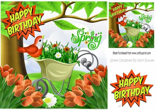 spring is here! with flower wheel barrow and peach tulips, 8x8