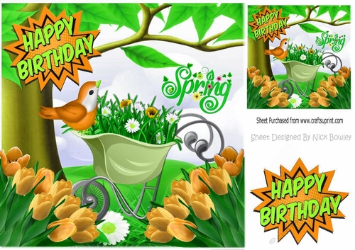 spring is here! with flower wheel barrow and gold tulips, 8x8