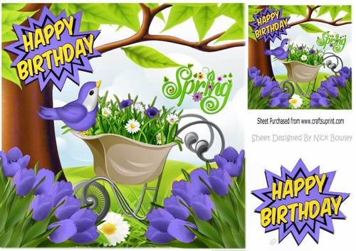 spring is here! with flower wheel barrow and purple tulips, 8x8