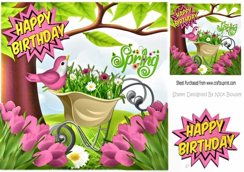 spring is here! with flower wheel barrow and pink tulips, 8x8