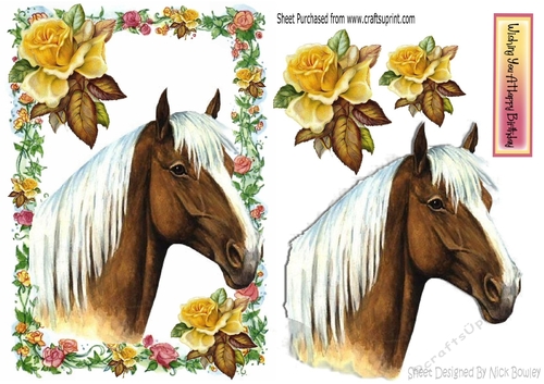 Lovely palomino horse with yellow roses in flower frame