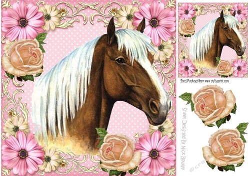 Lovely palomino horse with cream roses in pink flower frame 8X8