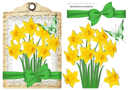 Pretty yellow daffodils on lace with butterfly on a tag