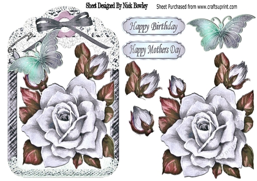 Pretty painted silver roses on lace on a tag with bow