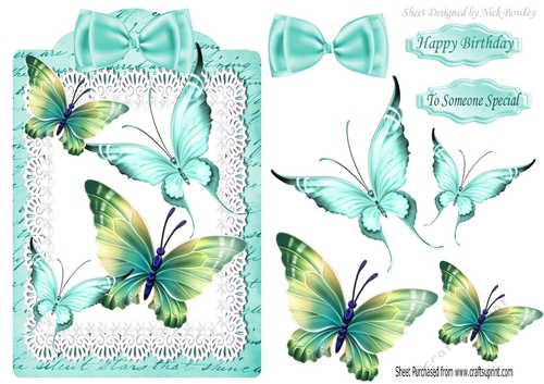 butterflies on lace with turq bow on a tag