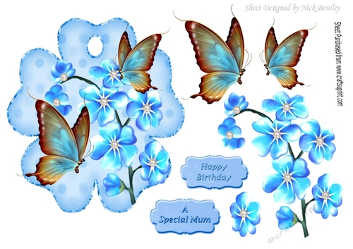 Pretty blue tag with butterflies and flowers