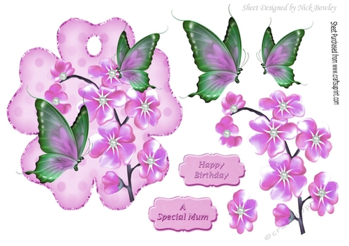 Pretty pink tag with butterflies and flowers