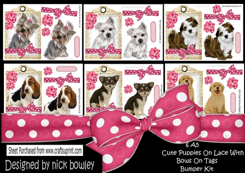 6 Cute puppies on lace with bows and flowers on A5 tags bumper kit