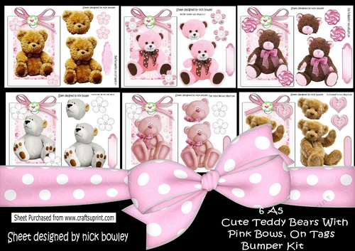 6 Cute teddy bears  with pink bows  on A5 tags bumper kit