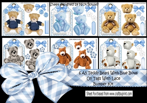 6 Cute teddy bears  with blue bows  on A5 tags bumper kit