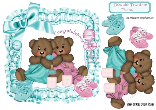 Lovely twin teddies in turq satin frill frame with bows double trouble 8x8