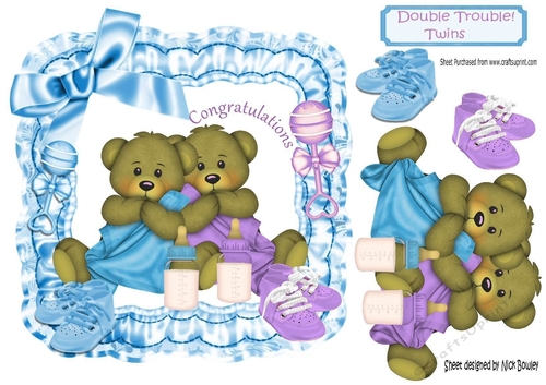 Lovely twin teddies in blue satin frill frame with bows double trouble 8x8