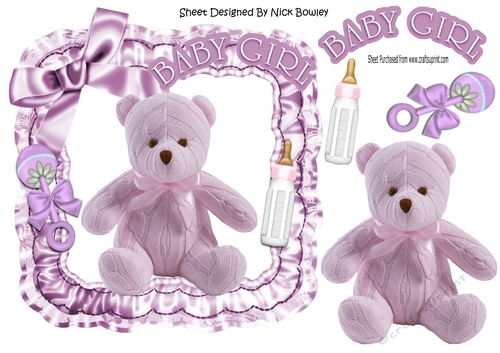 Lovely knitted lilac bear with bottle in frill frame 8x8