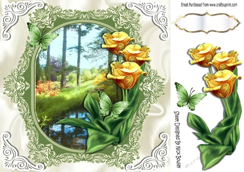 Pretty woodland with brook , yellow tulips & butterflies 8x8