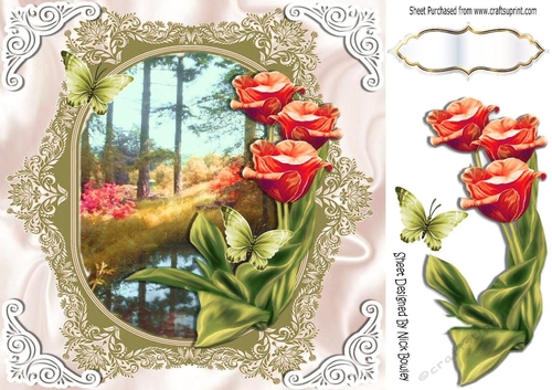 Pretty woodland with brook , red tulips & butterflies 8x8