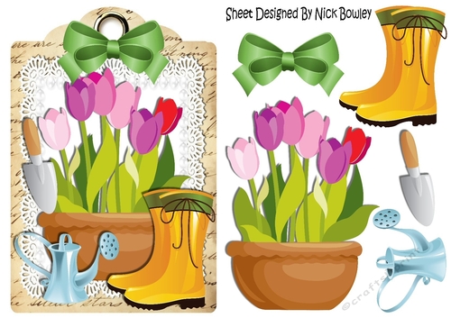 potting some pretty tulips in the garden on a lace A5 Tag