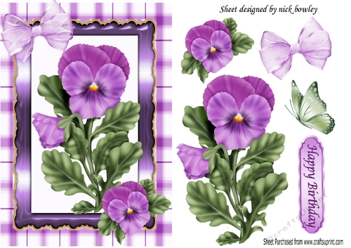 pretty lilac pansies in ornate frame with gingham A5