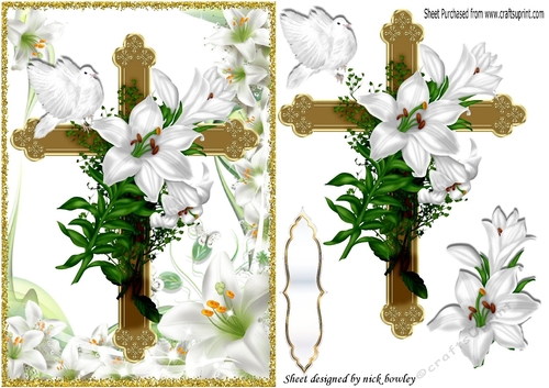 pretty white lilies, gold cross with white dove for sympathy
