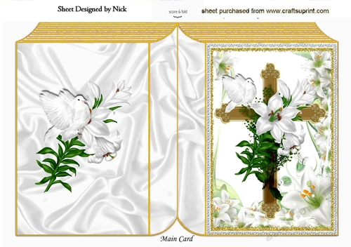 pretty white lilies gold cross with white dove for sympathy, folded book