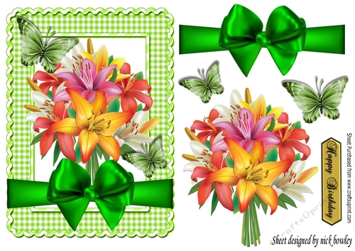 A Bouquet of pretty coloured lilies with bow & butterflies A5