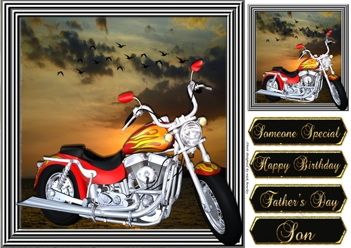 Customized motorbike with flames in the sunset 8x8