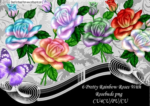 6 pretty Rainbow Roses with Rosebuds in png