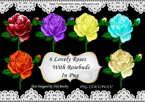 6 Lovely Roses with rosebuds set 1 in  png