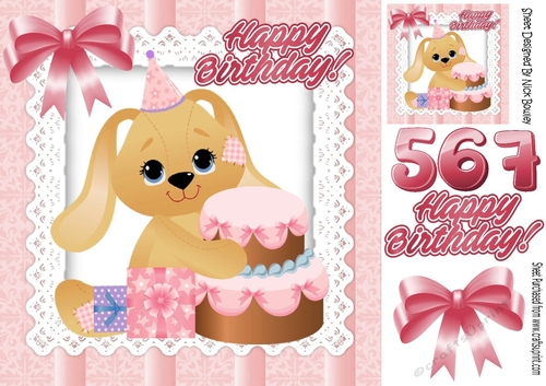 cute little puppy in party hat with pink bow for Birthday 8x8