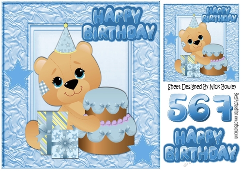 Little patchwork  birthday bear with blue stars 8x8