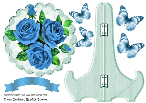 Pretty blue  roses with butterflies on lace plate & stand