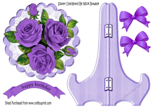 Pretty purple  roses with bows on lace plate & stand