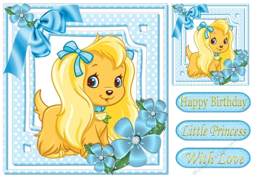 Cute puppy in turq bows with flowers 8x8