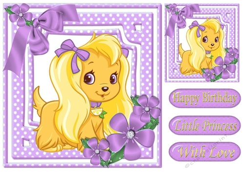 Cute puppy in purple bows with flowers 8x8