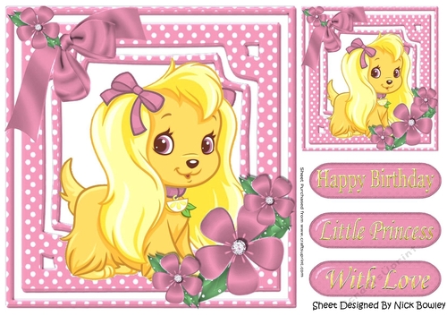 Cute puppy in pink bows with flowers 8x8