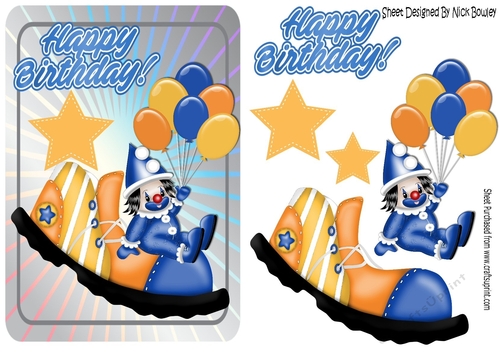 Jolly little clown in blue sat on clowns shoe with balloons A5