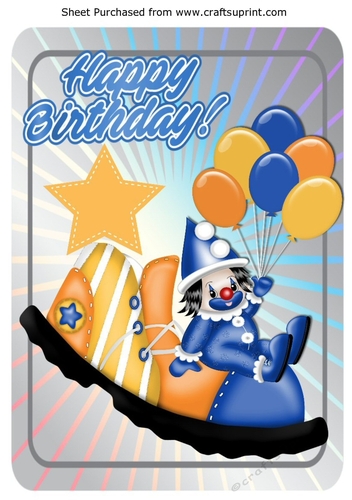 Jolly little clown in blue sat on clowns shoe with balloons A4
