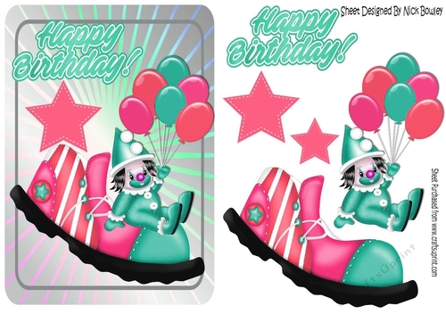 Jolly little clown in turq sat on clowns shoe with balloons A5