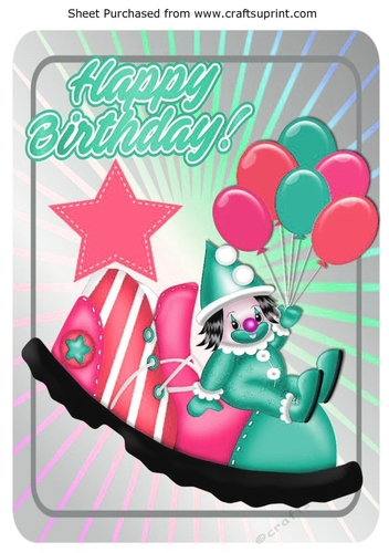 Jolly little clown in turq sat on clowns shoe with balloons A4