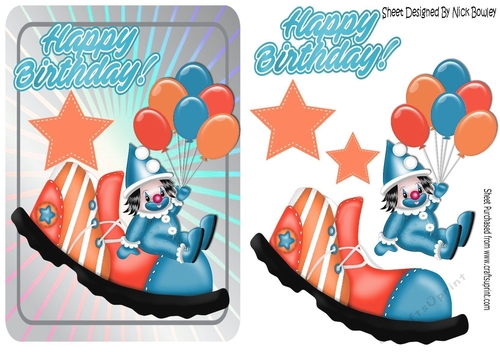Jolly little clown in blue sat on clowns shoe with peach star  A5