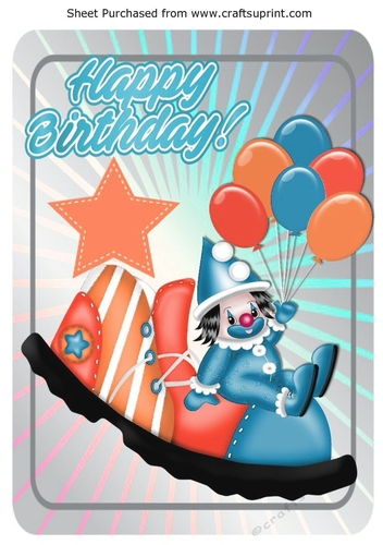 Jolly little clown in blue sat on clowns shoe with peach star A4