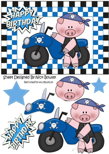 Biker Pig in Skull helmet in chequered frame A5
