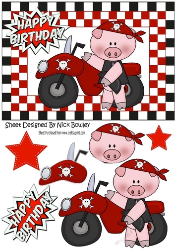 Red Biker, Pig in Skull helmet in chequered frame A5