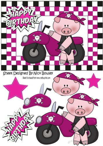 Pink Biker, Pig in Skull helmet in chequered frame A5