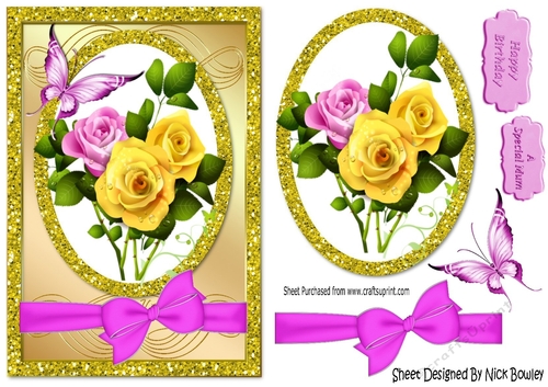 pretty roses with cerise bow in oval glitter frame A5