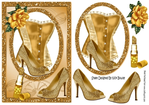 Gold glitter frame with basque,rose and lipstick