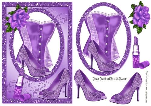 purple glitter frame with basque,rose and lipstick